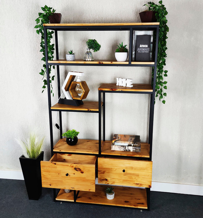 Estante estilo industrial com gavetas 180x30x100cm